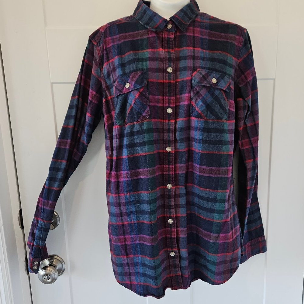 Eddie Bauer Ladies  Flannel Shirt  Multi colored Plaid size TM ( Tall med?)